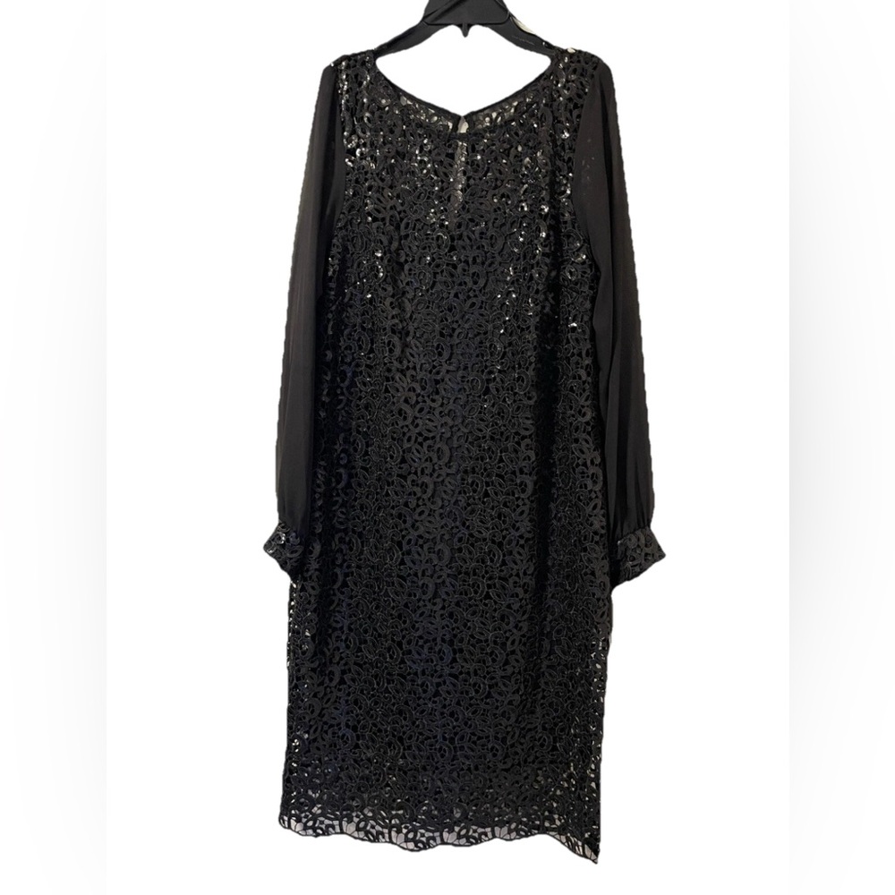 Marina Sequined Embroidered Lace Dress Women’s 12 Black Lined Sheer Sleeve NWD